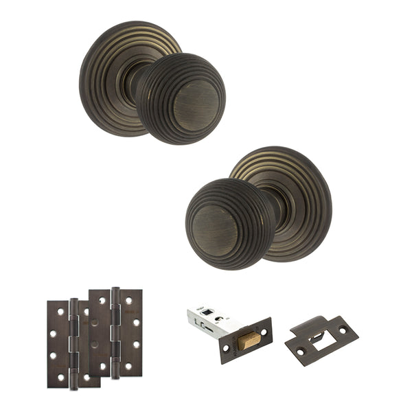 Old English Ripon Door Knob Pack (Latch Set - 3" HD Latch, 4" Slim Knuckle Hinges x2) by Atlantic Hardware