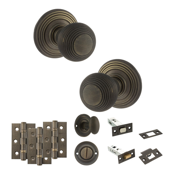 Old English Ripon Door Knob Pack (Bathroom Set - 3" Deadbolt, 3" Fire Rated Hinges x3) by Atlantic Hardware