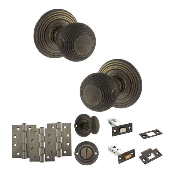 Old English Ripon Door Knob Pack (Bathroom Set - 4" Deadbolt, 4" Fire Rated Hinges x3) by Atlantic Hardware