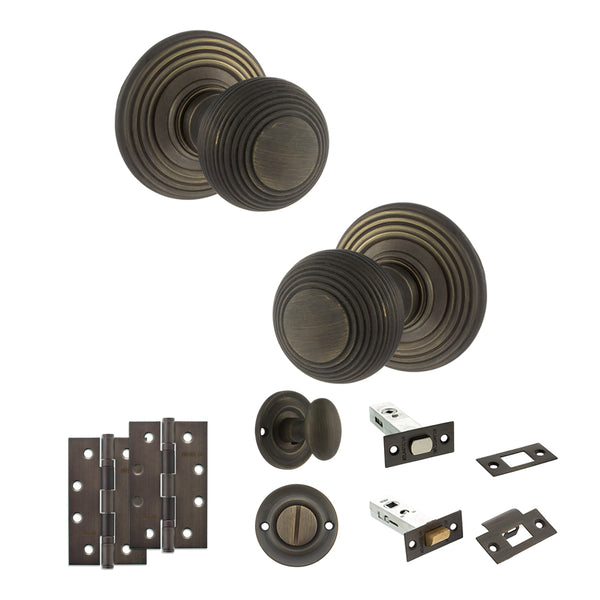 Old English Ripon Door Knob Pack (Bathroom Set - 3" Deadbolt, 4" Slim Knuckle Hinges x2) by Atlantic Hardware