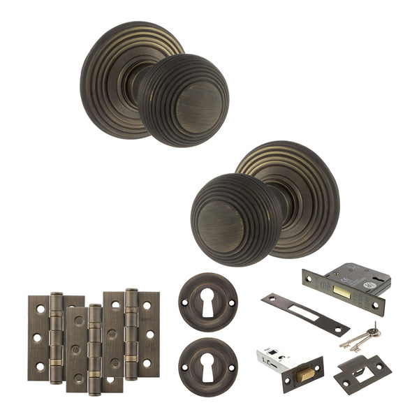 Old English Ripon Door Knob Pack (Lock Set - 3" Latch & Deadlock, 3" Fire Rated Hinges x3) by Atlantic Hardware