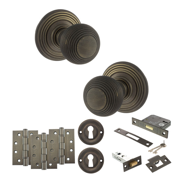Old English Ripon Door Knob Pack (Lock Set - 3" Latch & Deadlock, 4" Fire Rated Hinges x3) by Atlantic Hardware