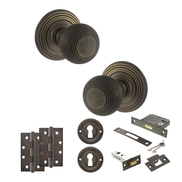 Old English Ripon Door Knob Pack (Lock Set - 3" Latch & Deadlock, 4" Slim Knuckle Hinges x2) by Atlantic Hardware