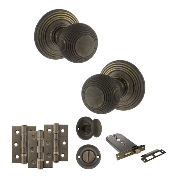Old English Ripon Door Knob Pack (Lock Set - Horizontal Bathlock, 3" Fire Rated Hinges x3) by Atlantic Hardware