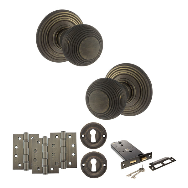 Old English Ripon Door Knob Pack (Lock Set - Horizontal Sashlock, 4" Fire Rated Hinges x3) by Atlantic Hardware