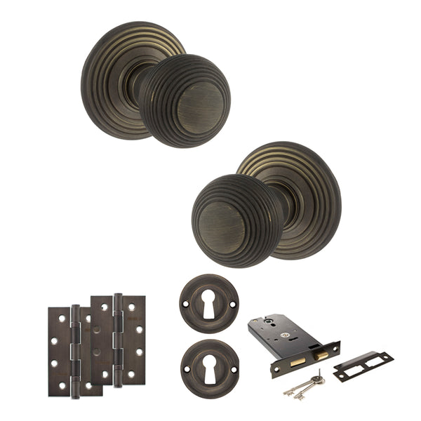 Old English Ripon Door Knob Pack (Lock Set - Horizontal Sashlock, 4" Slim Knuckle Hinges x2) by Atlantic Hardware