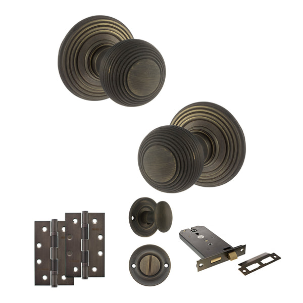 Old English Ripon Door Knob Pack (Lock Set - Horizontal Bathlock, 4" Slim Knuckle Hinges x2) by Atlantic Hardware