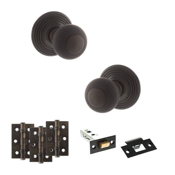 Old English Ripon Door Knob Pack (Latch Set - 3" HD Latch, 3" Fire Rated Hinges x3) by Atlantic Hardware