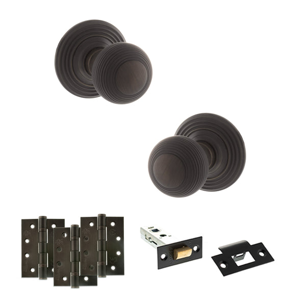 Old English Ripon Door Knob Pack (Latch Set - 3" HD Latch, 4" Fire Rated Hinges x3) by Atlantic Hardware