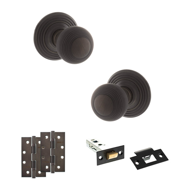 Old English Ripon Door Knob Pack (Latch Set - 3" HD Latch, 4" Slim Knuckle Hinges x2) by Atlantic Hardware