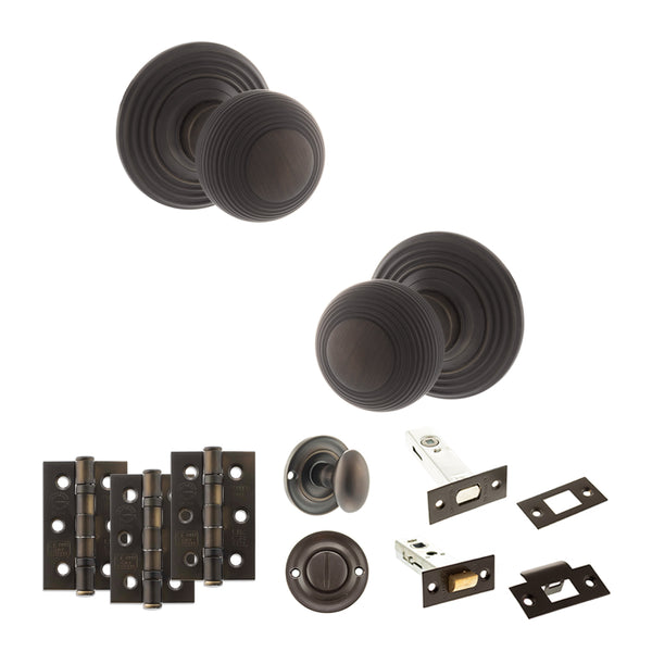 Old English Ripon Door Knob Pack (Bathroom Set - 4" Deadbolt, 3" Fire Rated Hinges x3) by Atlantic Hardware