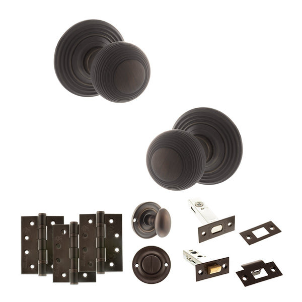 Old English Ripon Door Knob Pack (Bathroom Set - 3" Deadbolt, 4" Fire Rated Hinges x3) by Atlantic Hardware