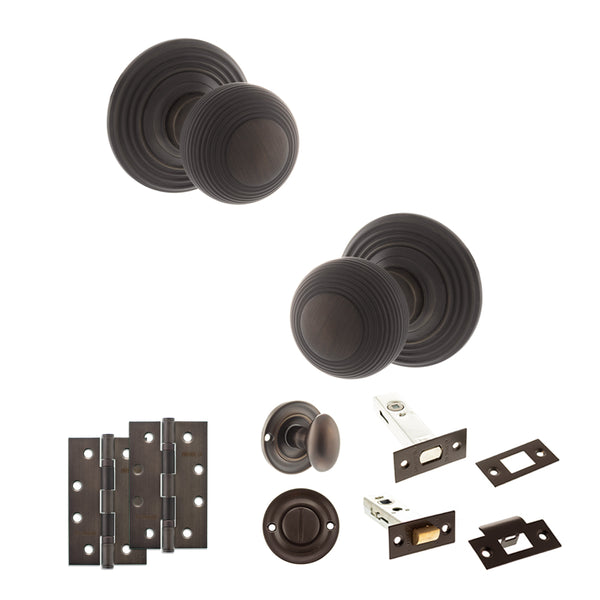 Old English Ripon Door Knob Pack (Bathroom Set - 3" Deadbolt, 4" Slim Knuckle Hinges x2) by Atlantic Hardware
