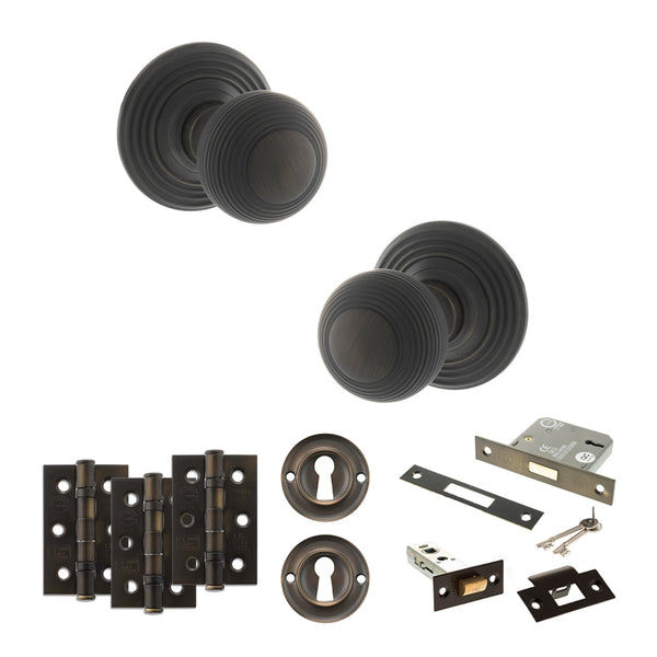 Old English Ripon Door Knob Pack (Lock Set - 3" Latch & Deadlock, 3" Fire Rated Hinges x3) by Atlantic Hardware