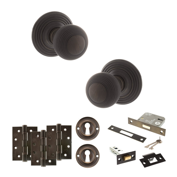 Old English Ripon Door Knob Pack (Lock Set - 3" Latch & Deadlock, 4" Fire Rated Hinges x3) by Atlantic Hardware