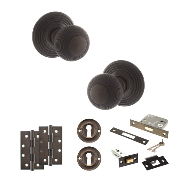 Old English Ripon Door Knob Pack (Lock Set - 3" Latch & Deadlock, 4" Slim Knuckle Hinges x2) by Atlantic Hardware