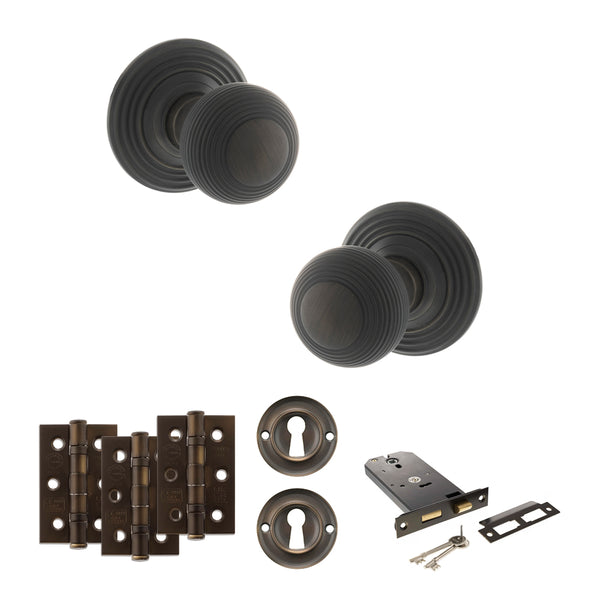 Old English Ripon Door Knob Pack (Lock Set - Horizontal Sashlock, 3" Fire Rated Hinges x3) by Atlantic Hardware