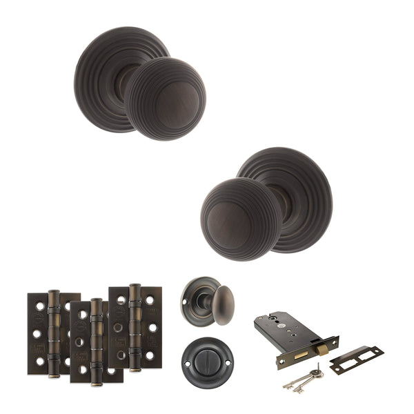 Old English Ripon Door Knob Pack (Lock Set - Horizontal Bathlock, 3" Fire Rated Hinges x3) by Atlantic Hardware