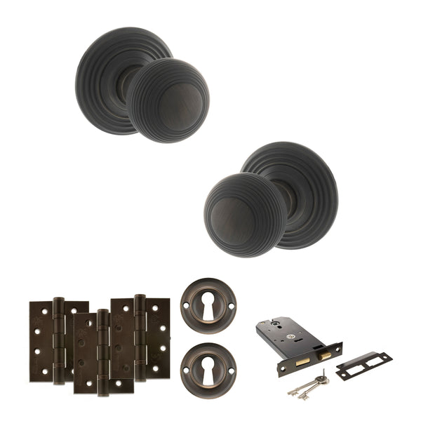 Old English Ripon Door Knob Pack (Lock Set - Horizontal Sashlock, 4" Fire Rated Hinges x3) by Atlantic Hardware