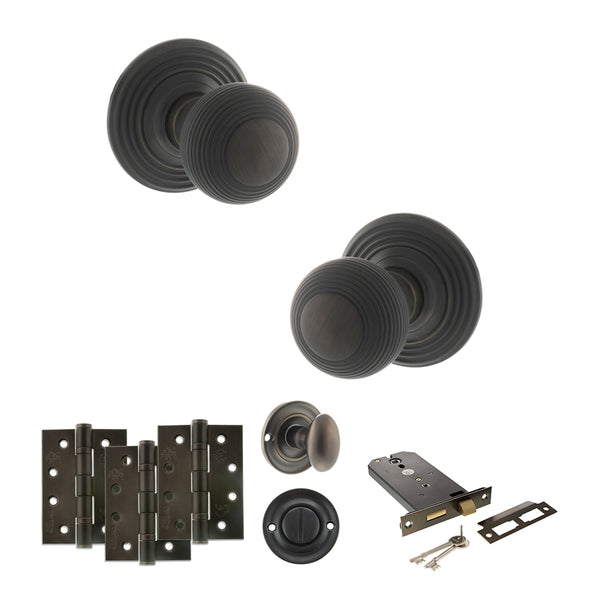 Old English Ripon Door Knob Pack (Lock Set - Horizontal Bathlock, 4" Fire Rated Hinges x3) by Atlantic Hardware