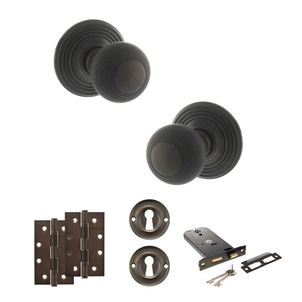 Old English Ripon Door Knob Pack (Lock Set - Horizontal Sashlock, 4" Slim Knuckle Hinges x2) by Atlantic Hardware