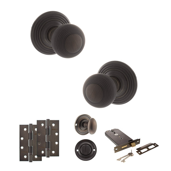 Old English Ripon Door Knob Pack (Lock Set - Horizontal Bathlock, 4" Slim Knuckle Hinges x2) by Atlantic Hardware