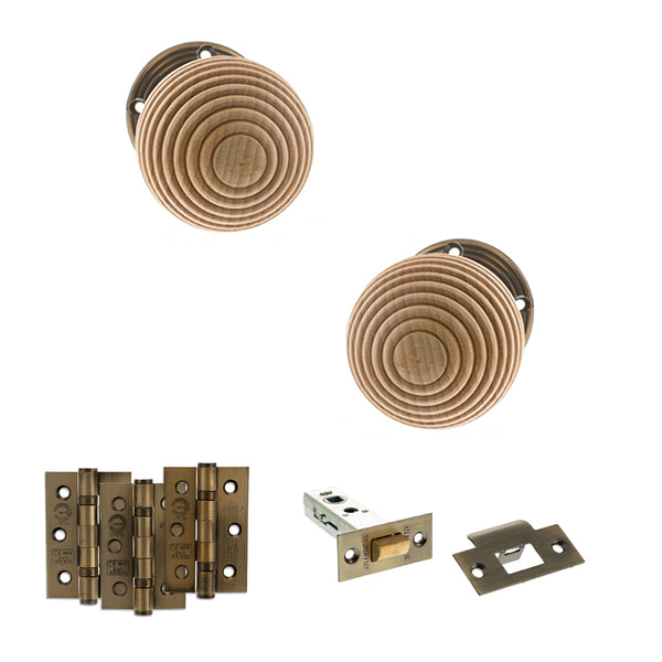 Old English Bridlington Door Knob Pack (Latch Set - 3" HD Latch, 3" Fire Rated Hinges x3) by Atlantic Hardware