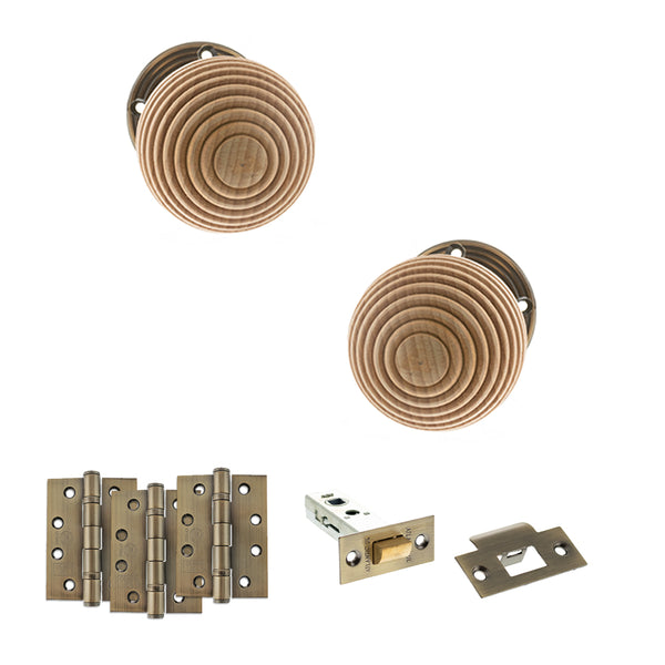 Old English Bridlington Door Knob Pack (Latch Set - 4" HD Latch, 4" Fire Rated Hinges x3) by Atlantic Hardware