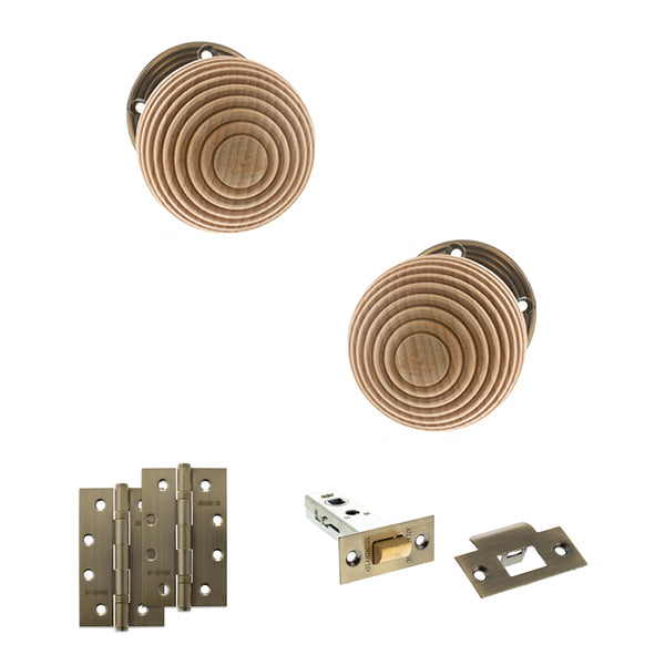 Old English Bridlington Door Knob Pack (Latch Set - 3" HD Latch, 4" Slim Knuckle Hinges x2) by Atlantic Hardware