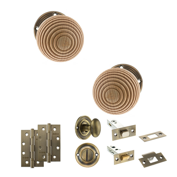 Old English Bridlington Door Knob Pack (Bathroom Set - 3" Deadbolt, 4" Slim Knuckle Hinges x2) by Atlantic Hardware