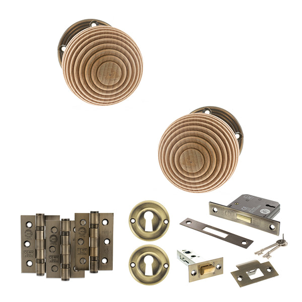 Old English Bridlington Door Knob Pack (Lock Set - 3" Latch & Deadlock, 3" Fire Rated Hinges x3) by Atlantic Hardware