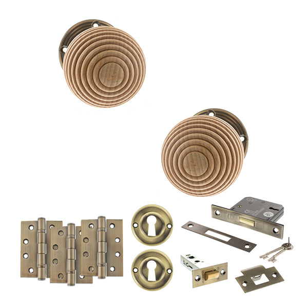 Old English Bridlington Door Knob Pack (Lock Set - 3" Latch & Deadlock, 4" Fire Rated Hinges x3) by Atlantic Hardware