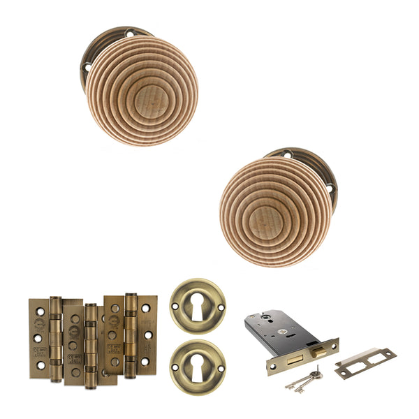 Old English Bridlington Door Knob Pack (Lock Set - Horizontal Sashlock, 3" Fire Rated Hinges x3) by Atlantic Hardware