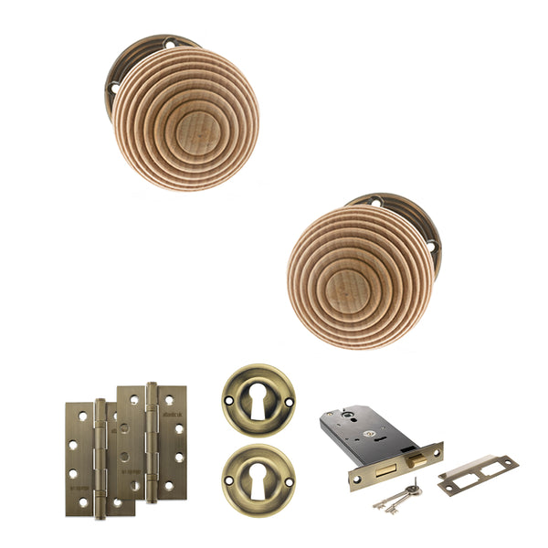 Old English Bridlington Door Knob Pack (Lock Set - Horizontal Sashlock, 4" Slim Knuckle Hinges x2) by Atlantic Hardware