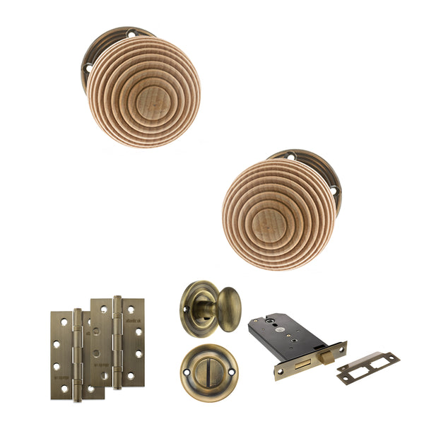 Old English Bridlington Door Knob Pack (Lock Set - Horizontal Bathlock, 4" Slim Knuckle Hinges x2) by Atlantic Hardware