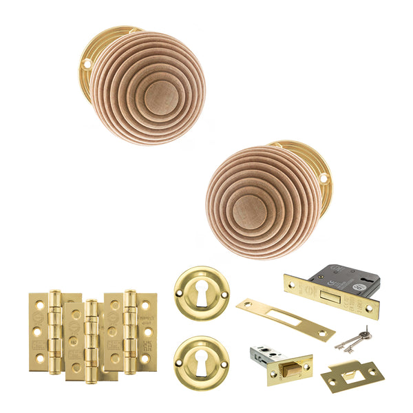 Old English Bridlington Door Knob Pack (Lock Set - 3" Latch & Deadlock, 3" Fire Rated Hinges x3) by Atlantic Hardware