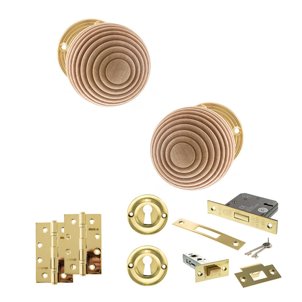 Old English Bridlington Door Knob Pack (Lock Set - 3" Latch & Deadlock, 4" Slim Knuckle Hinges x2) by Atlantic Hardware