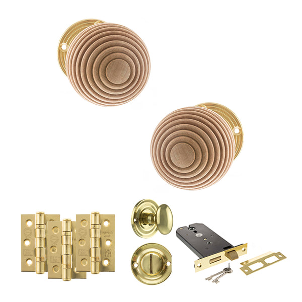 Old English Bridlington Door Knob Pack (Lock Set - Horizontal Bathlock, 3" Fire Rated Hinges x3) by Atlantic Hardware