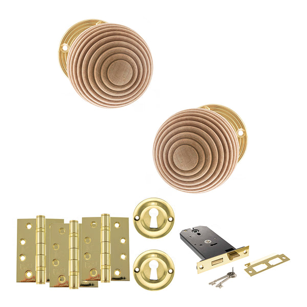 Old English Bridlington Door Knob Pack (Lock Set - Horizontal Sashlock, 4" Fire Rated Hinges x3) by Atlantic Hardware