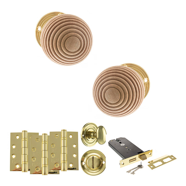 Old English Bridlington Door Knob Pack (Lock Set - Horizontal Bathlock, 4" Fire Rated Hinges x3) by Atlantic Hardware