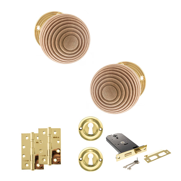 Old English Bridlington Door Knob Pack (Lock Set - Horizontal Sashlock, 4" Slim Knuckle Hinges x2) by Atlantic Hardware