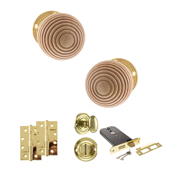 Old English Bridlington Door Knob Pack (Lock Set - Horizontal Bathlock, 4" Slim Knuckle Hinges x2) by Atlantic Hardware
