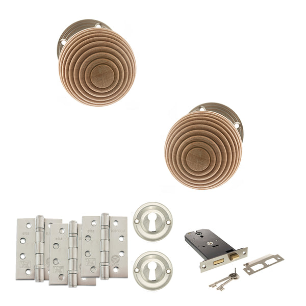 Old English Bridlington Door Knob Pack (Lock Set - Horizontal Sashlock, 4" Fire Rated Hinges x3) by Atlantic Hardware