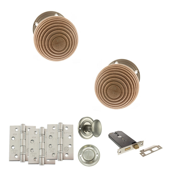 Old English Bridlington Door Knob Pack (Lock Set - Horizontal Bathlock, 4" Fire Rated Hinges x3) by Atlantic Hardware