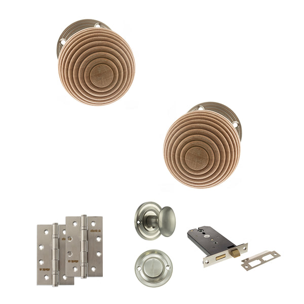 Old English Bridlington Door Knob Pack (Lock Set - Horizontal Bathlock, 4" Slim Knuckle Hinges x2) by Atlantic Hardware