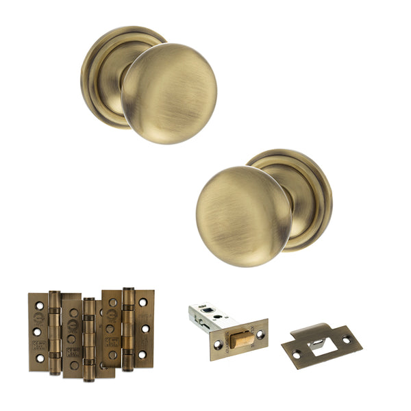 Old English Harrogate Door Knob Pack (Latch Set - 3" HD Latch, 3" Fire Rated Hinges x3) by Atlantic Hardware