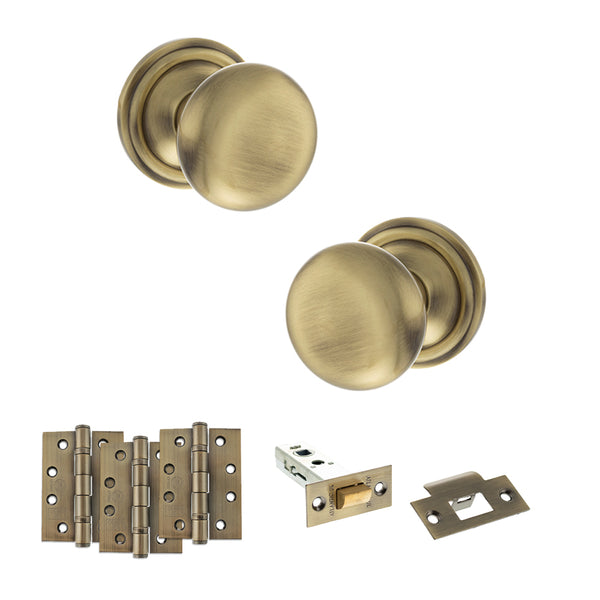Old English Harrogate Door Knob Pack (Latch Set - 3" HD Latch, 4" Fire Rated Hinges x3) by Atlantic Hardware
