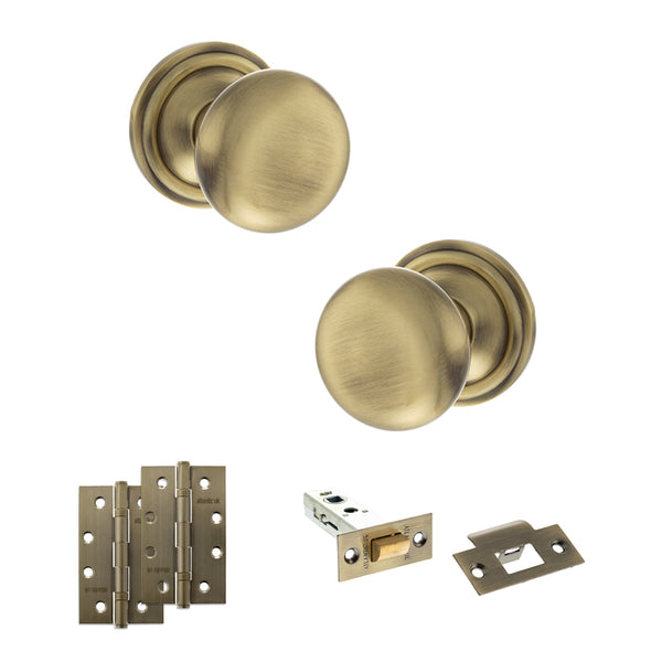 Old English Harrogate Door Knob Pack (Latch Set - 4" HD Latch, 4" Slim Knuckle Hinges x2) by Atlantic Hardware