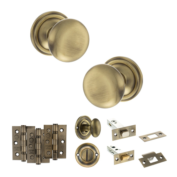 Old English Harrogate Door Knob Pack (Bathroom Set - 4" Deadbolt, 3" Fire Rated Hinges x3) by Atlantic Hardware