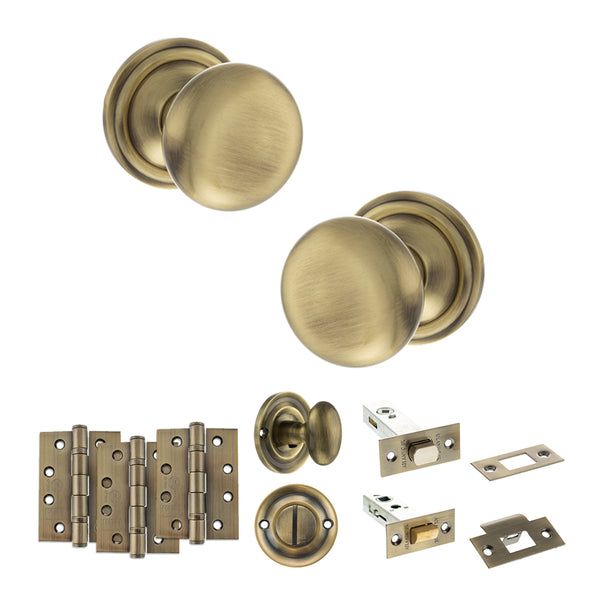 Old English Harrogate Door Knob Pack (Bathroom Set - 4" Deadbolt, 4" Fire Rated Hinges x3) by Atlantic Hardware